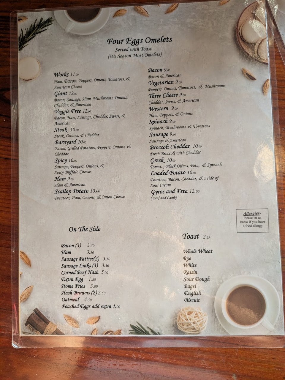 Printed diner menu with burgers, chicken, and sides.