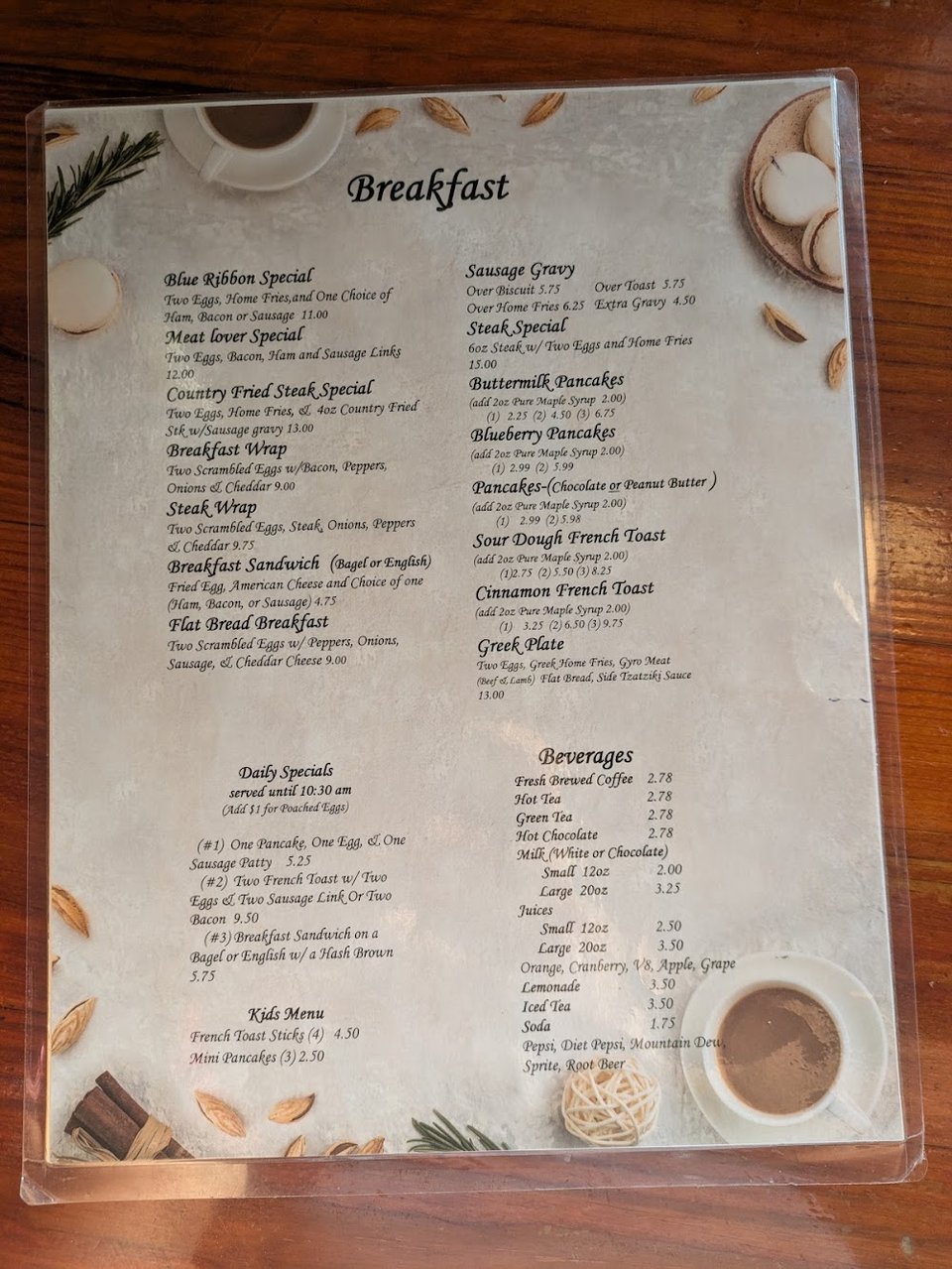 Menu page listing breakfast-style diner favorites.