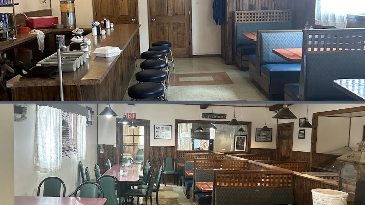 Classic diner tables with red booths and counter seating.